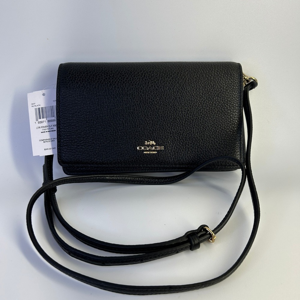 Coach Anna Foldover Clutch Black Pebbled Leather Crossbody Bag NWT